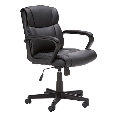 Amazon Basics Office Computer Task Desk Chair with Padded Armrests, Mid-Back, Adjustable, 360 Swivel, Rolling, 275 Pound Capacity, 24.2'D x 24'W x 34.8'H, Black Faux Leather