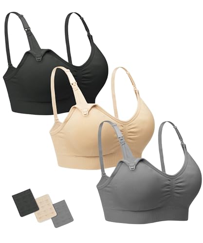 Stelle Nursing Bras Maternity Bra for Breastfeeding Pregnancy Wireless Bralette with Pads, Extenders (Black+Gray+Beige,M)