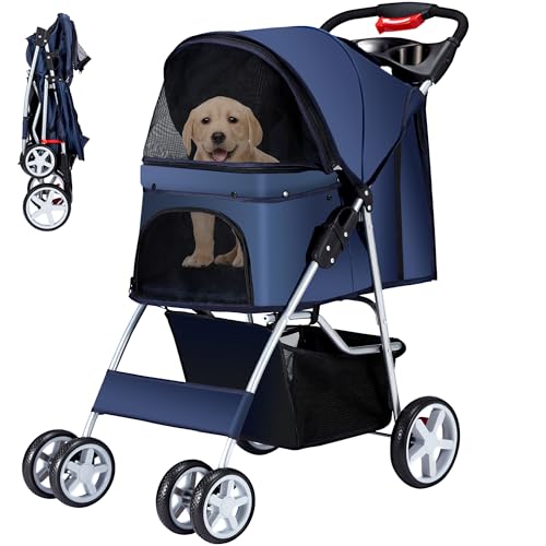 Azaeahom Pet Stroller, 4 Wheels Pet Strolling Cart for Medium/Small Dogs and Cats, Foldable Cat Jogger/Dog Stroller with Cup Holder, Storage Basket, Breathable Mesh, All-Season Pet Carrier, Navy Blue