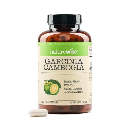 Naturewise Garcinia Cambogia - 60% HCA Concentration Extract, Natural Support for Weight Goals and Energy Levels - Vegan, Non-GMO, Gluten Free - 180 Capsules[2-6 Month Supply]