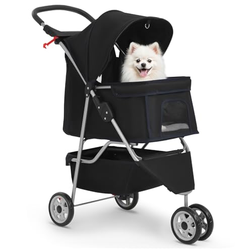 BestPet | 3-Wheel Pet Stroller | Dog and Cat Stroller | Breathable Mesh | Lightweight Travel Carrier | Waterproof & Foldable Design | Storage Basket | Black | for Daily Walks & Outdoor Use