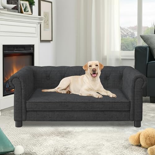 Dog Sofa Couch for Medium to Large Dogs, Memory Foam Pet Sofa Couch with Washable Fabric, Durable Elevated Dog Bed with Legs, Removable Cushion for Medium and Large Dogs, Black