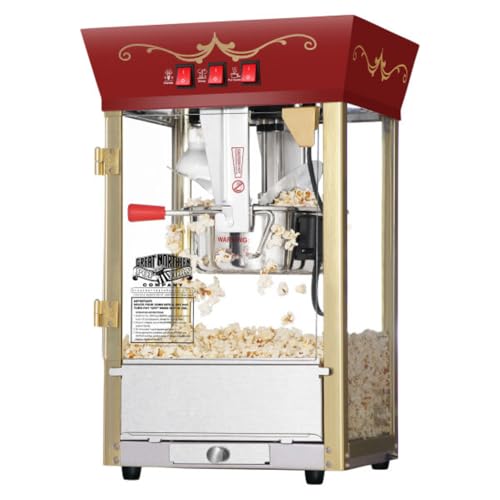 Matinee Popcorn Machine - 8oz Popper with Stainless-Steel Kettle, Reject Kernel Tray, Warming Light, and Accessories by Great Northern Popcorn (Red)