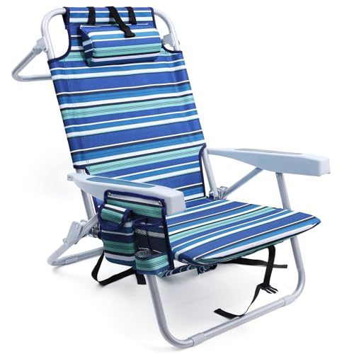 Yestomo Beach Chairs for Adults Heavy Duty, Compact Portable Lay Flat Folding Chair with Backpack Straps and Large Cooler Pouch, Support to 350LBS (Stripes_Blue&Cyan)