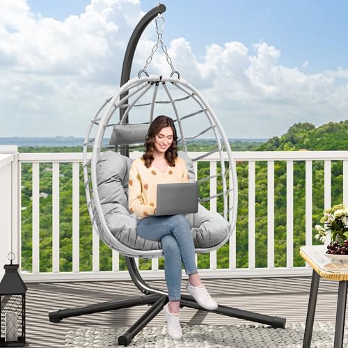 YITAHOME Egg Chair Swing Hanging Outdoor Wicker Hammock Chairs Indoor with Steel Stand Durable Cushion 330lbs for Patio, Bedroom, Garden and Balcony - Gray