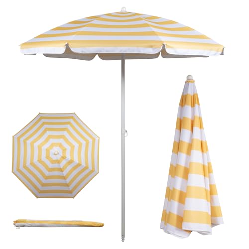 PICNIC TIME 5.5 Ft Portable Beach Umbrella, Lightweight UV Protection Sunshade with Tilt Pole & Carry Bag, Outdoor Canopy Umbrella for Beach, Sand, Pool, Patio, Camping, Travel, or Backyard Shade, (Yellow Cabana Stripe)