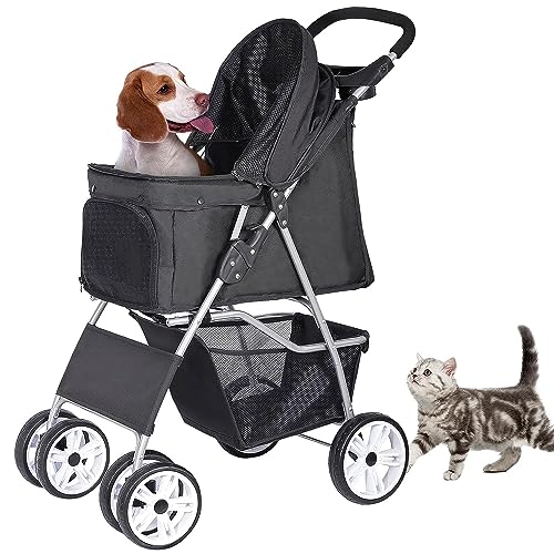 ZENY Foldable Pet Stroller, Cat/Dog Stroller with 4 Wheel, Pet Travel Carrier Strolling Cart with Storage Basket, Cup Holder (Black)