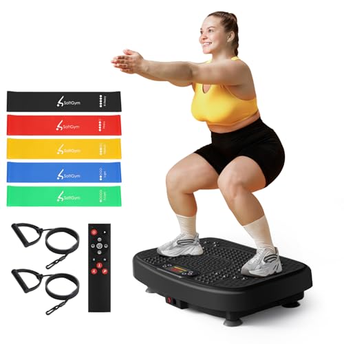 SoftGym Vibration Plate Exercise Machine for Lymphatic Drainage,Power Vibrate Stand Shake Board 450 Lbs Capacity Whole Body Workout Waver with Resistance Bands Weight Loss Gifts for Women Men-Black