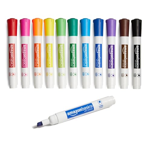 Amazon Basics Dry Erase Markers For Whiteboards, Chisel Tip, Low-Odor, Assorted Colors, Pack of 12