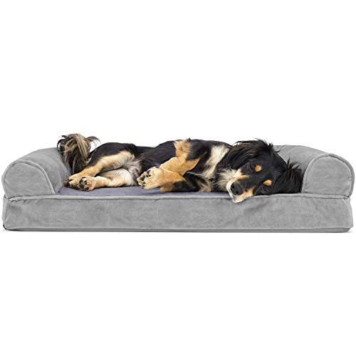 Furhaven Orthopedic Dog Bed for Medium/Small Dogs w/ Removable Bolsters & Washable Cover, For Dogs Up to 35 lbs - Faux Fur & Velvet Sofa - Smoke Gray, Medium
