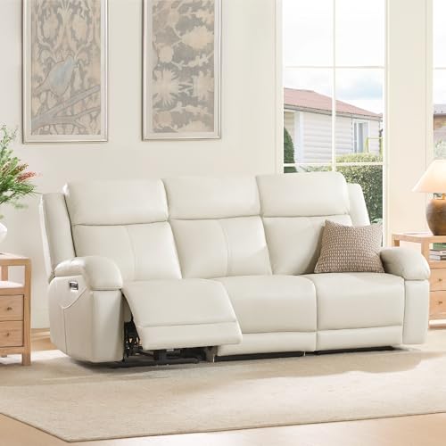 Watson & Whitely Genuine Leather Power Recliner Sofa, 3 Seater Wall Hugger Reclining Sofas with Power Headrest, USB & TypeC Ports, Electric Recliner Couch Set for Living Room, Cream