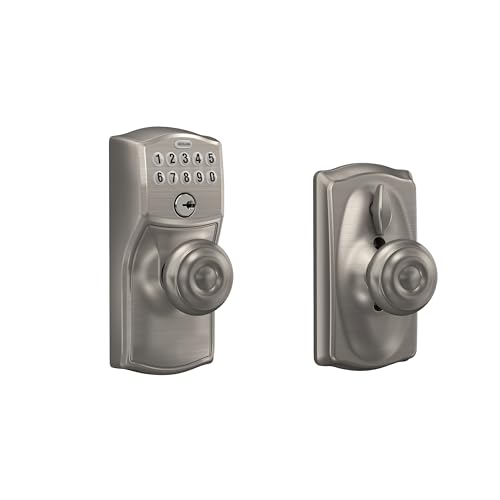 SCHLAGE FE595 CAM 619 GEO Camelot Keypad Entry with Flex-Lock and Georgian Style Knobs, Satin Nickel