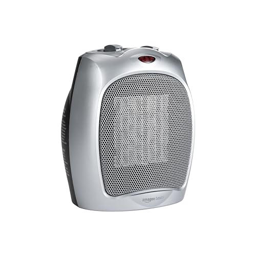 Amazon Basics Ceramic Space Heater, Portable Indoor Heating Solution, With Overheat and Tip-Over Protection, Thermostat, Non-Oscillating, 1500W, 7.52'D x 6.34'W x 9.45'H, Silver