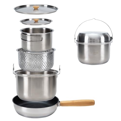 KingCamp Camping Cookware Set, 304 Stainless Steel Campfire Cooking Pots Pan and Kettle with Travel Tote Bag for Camping Outdoor Kitchen Cooking Picnic for 4-6