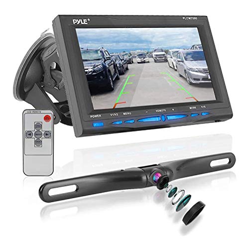 Pyle Rear View Backup Car Camera - Screen Monitor System w/ Parking and Reverse Assist Safety Distance Scale Lines, Waterproof & Night Vision, 7' LCD video Color Display for Vehicles - Pyle PLCM7500