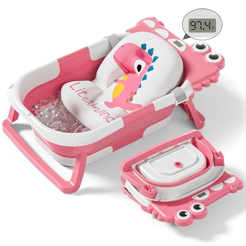 Collapsible Baby Bathtub for Newborn, Foldable Baby Bath Tub with Thermometer & Soft Floating Cushion & Drain Hole, Portable Travel Infant Bath Tubs for Newborns to Toddler 0-36 Months Girl, Pink