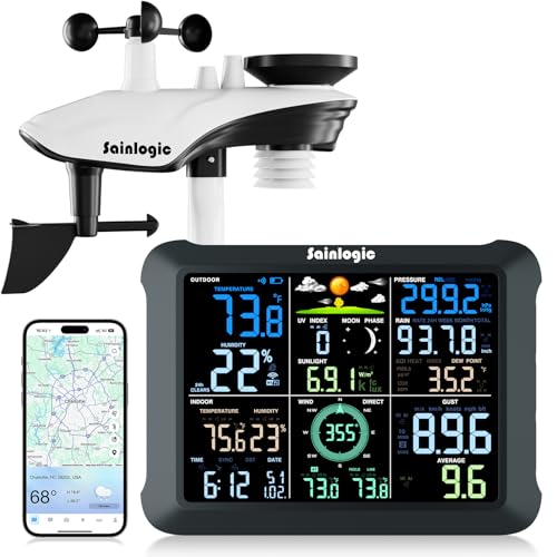 Sainlogic WiFi Smart Weather Station SA9 with 24H/ 7Days Accurate Weather Forecast by Weatherseed® AI, 8.5' Large Display,UV,Sun Light,Rain Gauge,Wind Gauge,2-Year Data Storage & Export（Only 2.4G）