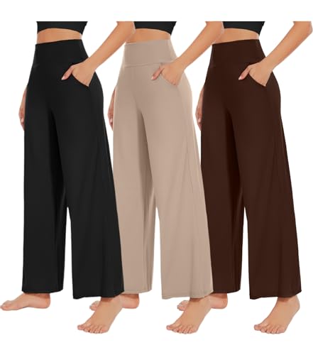 NEW YOUNG 3 Pack Women's Wide Leg Pants with Pockets High Waist Loose Sweatpants Casual Lounge Yoga Workout Palazzo