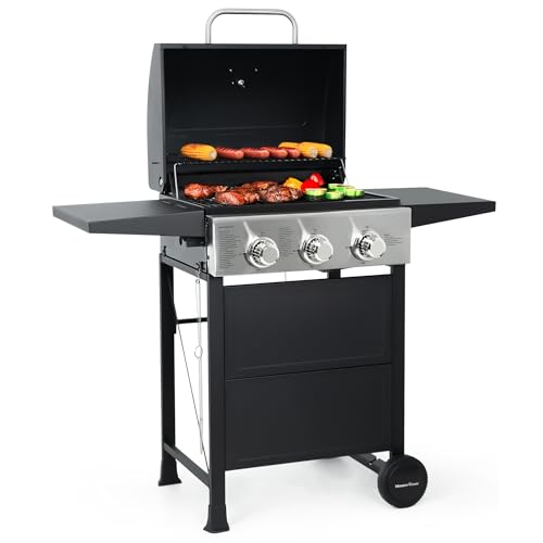 MASTER COOK 3 Burner BBQ Propane Gas Grill, Stainless Steel 30,000 BTU Patio Garden Barbecue Grill with Two Foldable Shelves