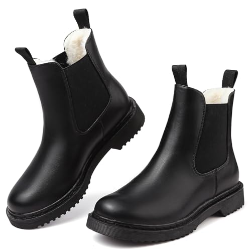 Womens Chelsea Boots Warm Fur Lined Winter Boot Women Lug Sole Combat Mid Calf Slip On Chunky Ankle Booties