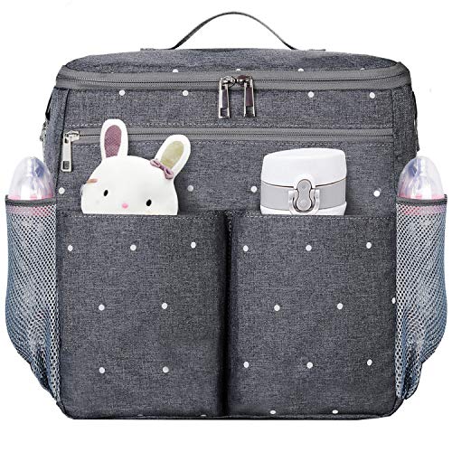 Parents Stroller Organizer Travel Bag with Shoulder Strap Insulated Bottle Holder Lightweight Design Storage Pockets for Bottles,Diapers,Toys,Saliva Towel-Fits All Baby Stroller Models (White Dots)