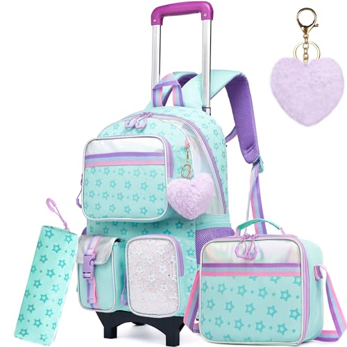 Meetbelify Rolling Backpack for Girls Backpack with Wheels Kids Cute Carry on Backpack with Lunch Box Pencil Case for Elementary Student Teen Girls Luggage Travel Suitcase Girls 8-10