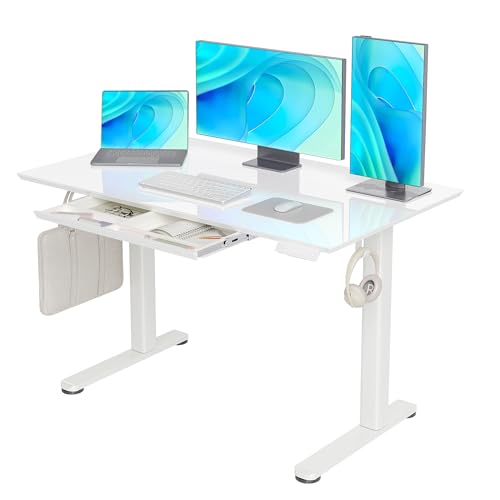 Claiks Glass Standing Desk with Drawers, 48×24 Inch Electric Adjustable Height Stand Up Desk Quick Install Computer Desk, White