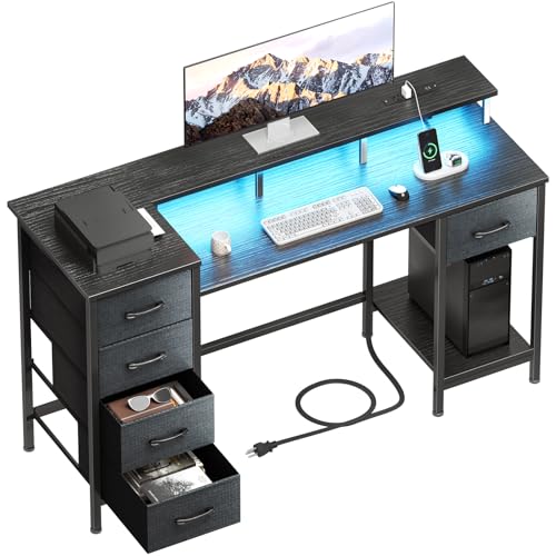 Korfile 47 Inch Computer Gaming Desk with Power Outlets & LED Lights Reversible Home Office Desk with Adjustable 5 Fabric Storage Drawers for Working Writing Study, Black