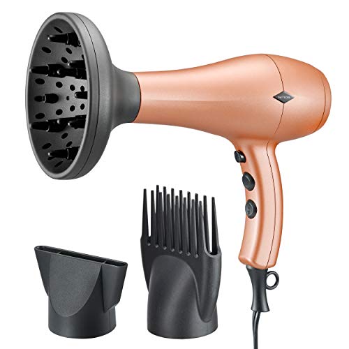 NITION Negative Ions Ceramic Hair Dryer with Diffuser(Large Size 5.3 inch) Attachment Ionic Blow Dryer Quick Drying,1875 Watt 2 Speed / 3 Heat Settings,Cool Shot Button,Lightweight,Gold