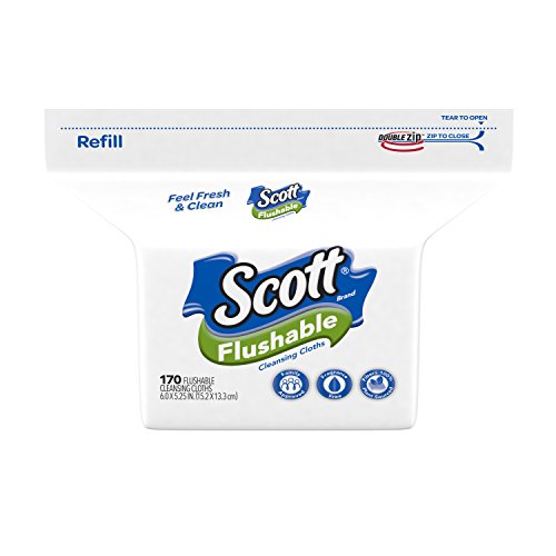 Scott Flushable Wipes, Fragrance-Free, Refill Bag with 170 Wet Wipes Total