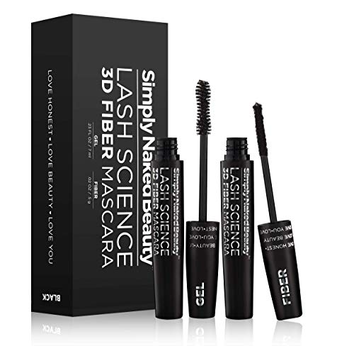 3D Fiber Lash Mascara Kit (2 tubes) by Simply Naked Beauty. Waterproof, lengthening voluminous, on lashes all day. Best and highest rated 3D and 4D gel and fiber formula. Non toxic, hypoallergenic, Natural. Black. One Gel Tube and One Fiber Tube included in this kit.