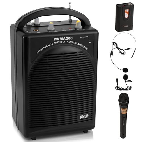 Pyle Portable PA Speaker & Microphone System - FM Stereo Radio, Built-in Rechargeable Battery, Aux & Microphone Inputs, Includes Beltpack, Hand-held Headset & Lavalier Mics - Black