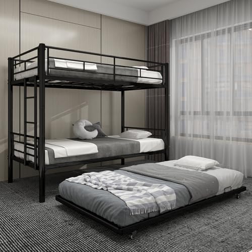 QSOSTNS Twin Over Twin Bunk Bed with Trundle, Heavy Duty Bunk Beds Frame with Side Ladders Convertible Bunkbed with Safety Guard Rails, No Box Spring Needed (Black)