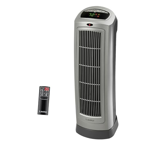 Lasko Oscillating Digital Ceramic Tower Heater for Home with Adjustable Thermostat, Timer and Remote Control, 23 Inches, 1500W, Silver, 755320