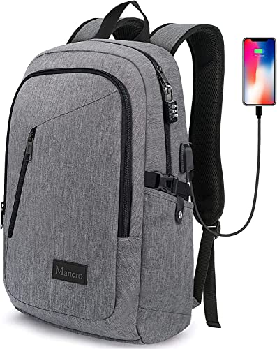Mancro Laptop Backpack for Travel, Anti-theft Laptop Backpack for Men Business Backpack Work Daypack with USB Charging Port & Lock, Water Resistant Travel Computer Bag Daypack, Grey