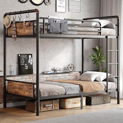 Jocoevol Metal Bunk Bed Twin Over Twin, Industrial Bunkbeds Heavy Duty Bed with Safety Guard Rails and Space-Saving Design, Steel Bed for School, Bedroom (Vintage Brown)
