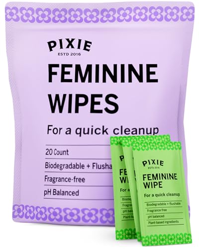 Pixie Feminine Wipes - Flushable, Biodegradable, & Ph Balanced - Best Individually Wrapped Packet Wipes for On The Go & Public Bathrooms - Wash, & Cleaner For Your Menstrual Cups & Discs (20 Count)