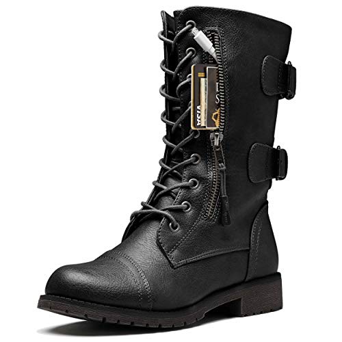 DailyShoes Women's Combat Boot Ankle Mid Calf Low Heel Lace Up Zip Pocket Buckled Boots Popular Classic Comfortable Shake Knee High Exclusive Credit Card Black,pu,8.5