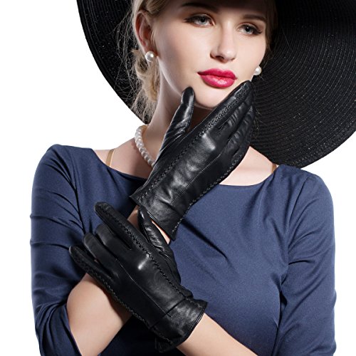 MATSU Casual Women Winter Warm Lambskin Leather Long Fleece Gloves M9229 (M, Black-Non TouchScreen)