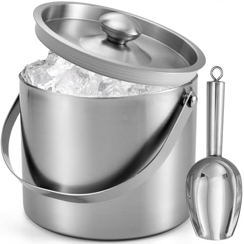 Ice Bucket (3 Liter) Stainless Steel Double Wall Insulated Ice Bucket with Lid & Scoop, Ice Buckets for Parties, Handle, Keeps Ice Cold for Hours, Great for Wine, Champagne, Cocktails (Silver)