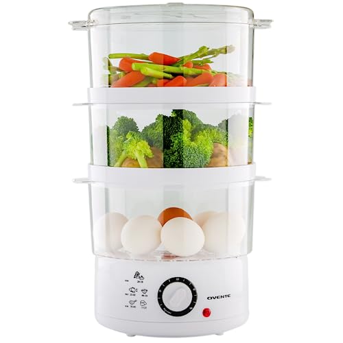 OVENTE 3 Tier Electric Food Steamer for Cooking Vegetable and Healthy Meals, Stackable and Dishwasher Safe Baskets, 400W with Auto Shutoff and 60-Minute Timer, 7.5 Quart Capacity, White FS53W