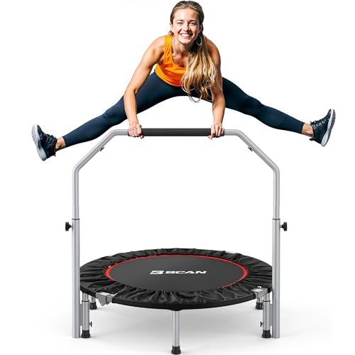 BCAN 40/48' Foldable Mini Trampoline Max Load 330lbs/440lbs, Fitness Rebounder with Adjustable Foam Handle, Exercise Trampoline for Adults Indoor/Garden Workout, Black