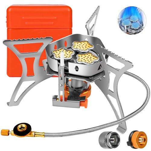 6800W Camping Backpacking Stove, Outdoor Portable Burner Cooking Stove with Fuel Canister Adapter, Piezo Ignition, Carry Case, Foldable Windproof Camping Gas Stove for Picnic Hiking