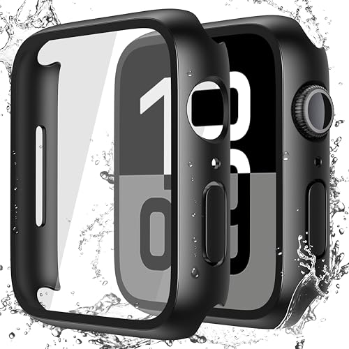 Misxi [2 Pack] Waterproof Hard Case with Tempered Glass Compatible with Apple Watch Series 11 (2025) Series 10 46mm, Ultra-Thin Anti-Fall Protective Cover for iWatch Screen Protector, Matte Black