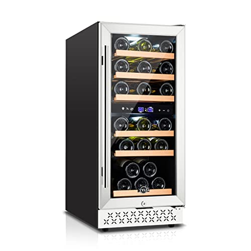Tylza Mini Fridge 15 Inch Wine Cooler Under Counter, 33 Bottle Dual Zone Wine Fridge with Stainless Steel, Wine Refrigerator Freestanding, Built-in Wine Cellars