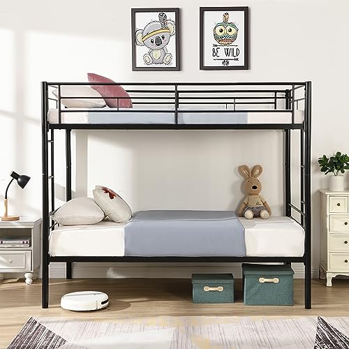 AYJOIR Twin Over Twin Bunk Bed with Built-in Ladder and Safety Guardrail, Convertible Bunkbed, Heavy Duty Metal Bunkbeds, Space Saving, No Box Spring (Black)