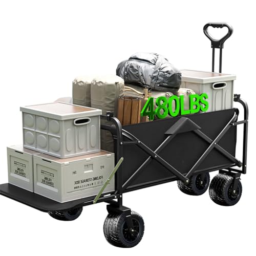 Joxir Collapsible Wagon Cart Foldable with Tailgate, 47' L 480lbs Capacity, Heavy Duty Beach Wagon with Wheels Brake, Shopping Carts for Grocery, Camping, Beach, Garden Cart
