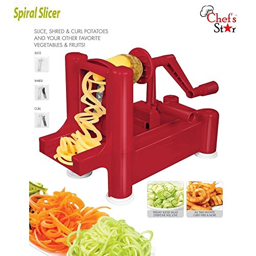 Chef's Star Spiralizer Omni-Blade Spiral Vegetable Slicer, Peeler & Shredder (Red)