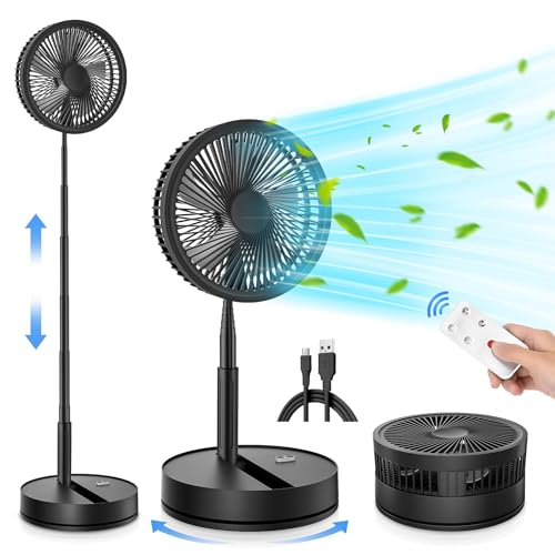 LIPETY Portable Foldable Rechargeable Oscillating Fan - 9' 7200mah Battery Operated USB C Small Fan Remote, Quiet Table Desk Fan Folding Standing Pedestal Fans for Bedroom Rome Office Camping Travel