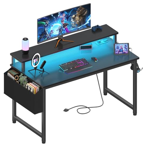 Lufeiya Black Gaming Desk with LED Lights and Power Outlets, 40 Inch Teen Writing Study Table Home Office Desks with Monitor Stand, Computer Desk with Charging Station USB Port, Black